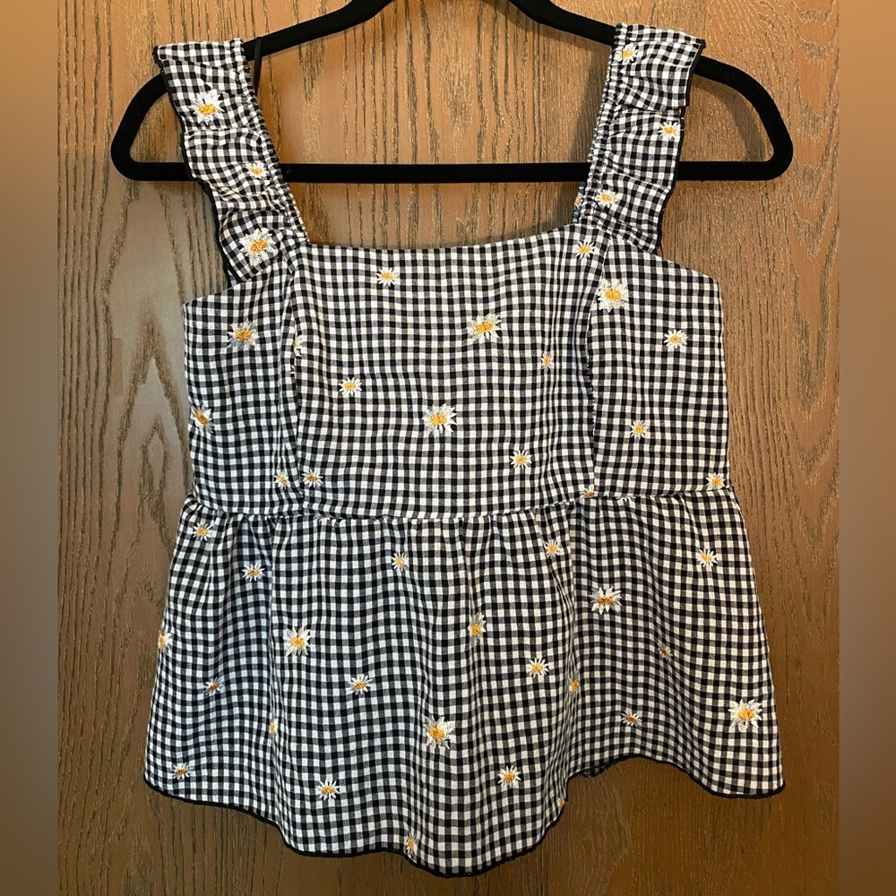 Kirious Daisy Embroidered Gingham Peplum Top with Tie Back and Ruffle Straps - M